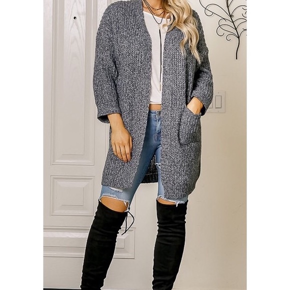 Gray Thick Knit Cardigan Sweater w/ Front Pockets - Picture 1 of 4